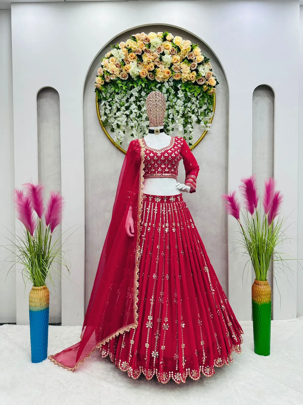 Beautiful Women Party wear 9mm Sequence Red Lehenga choli with Dupatta Suit 